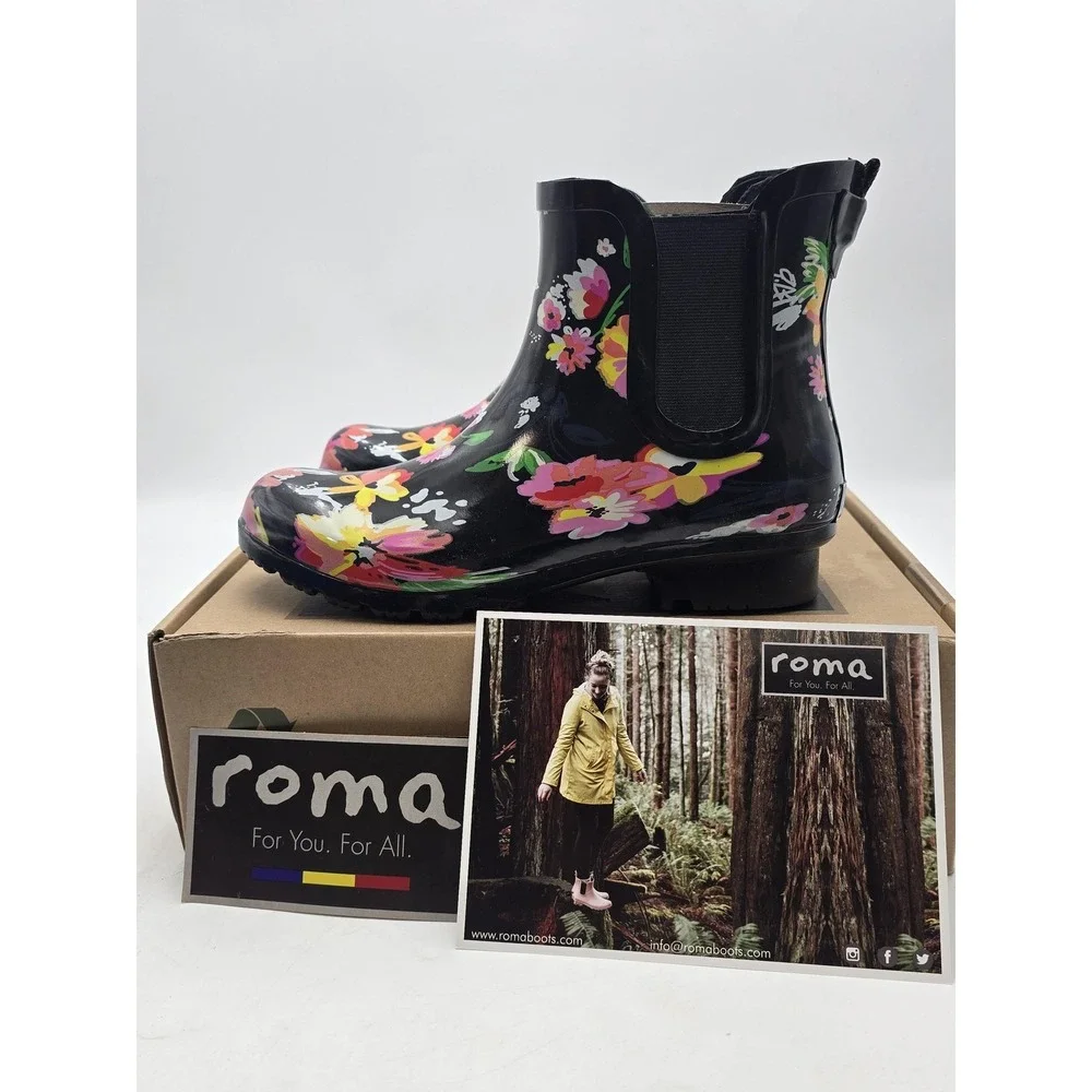 Roma Rain Boots Womens Size‎ 9 Black Floral Chelsea Ankle Rubber Waterproof New